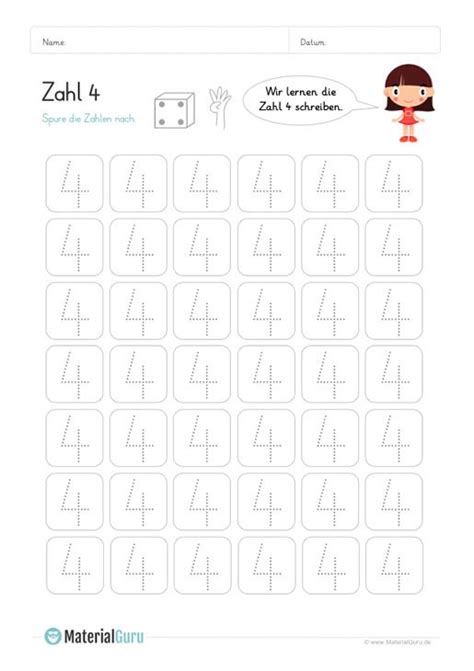 Knifelblatt zum ausdrucken dina 4 / rössler design. Ein kostenloses Mathe-Arbeitsblatt zum Schreiben lernen der Zahl 4, auf dem die Kinder die Zahl ...