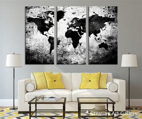 Large Triptych Art Black White World Map Canvas Print Large World Map