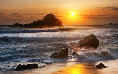 Meer Steine Wellen Sonnenaufgang Dämmerung Hintergrundbilder