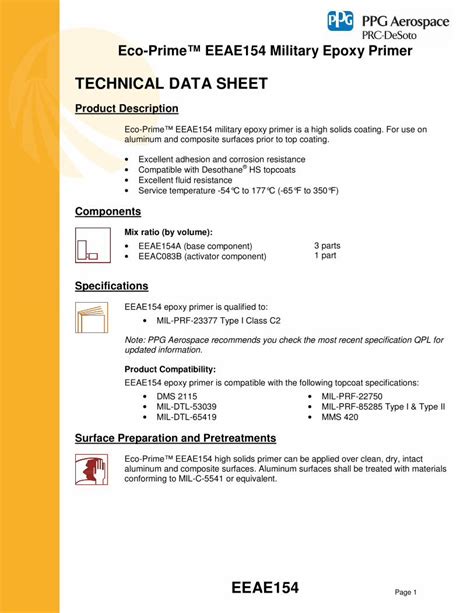 PDF TECHNICAL DATA SHEET PPG Aerospace MIL PRF 23377 Type I Class