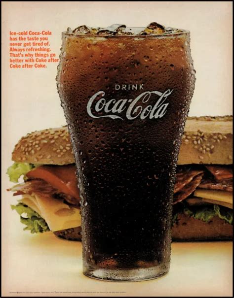 1966 Coca Cola Ice Cold Coke In Glass Photo Hoagie Sandwich Retro Print