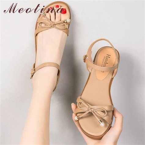 Meotina Women Genuine Leather Ankle Strap Shoes Flat Summer Buckle Sandals Fashion Bow Ladies