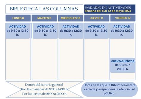 Horario De La Biblioteca En La Semana Del Al De Mayo De Las Columnas