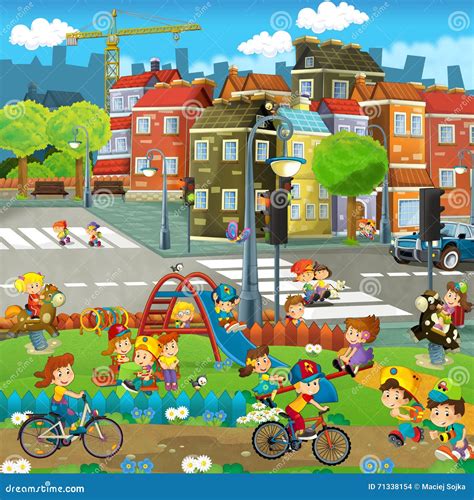 Cartoon Happy Scene Of A Playground In The City Kids Having Fun