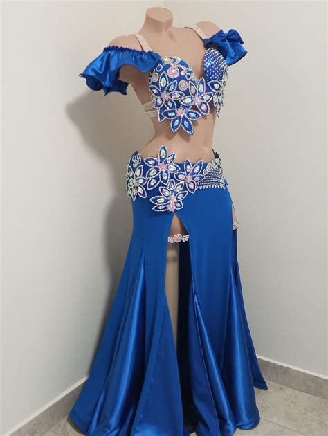 Belly Dance Costume Royal Blue Ab Glass Stones Sequins Professional Belly Dance Costume