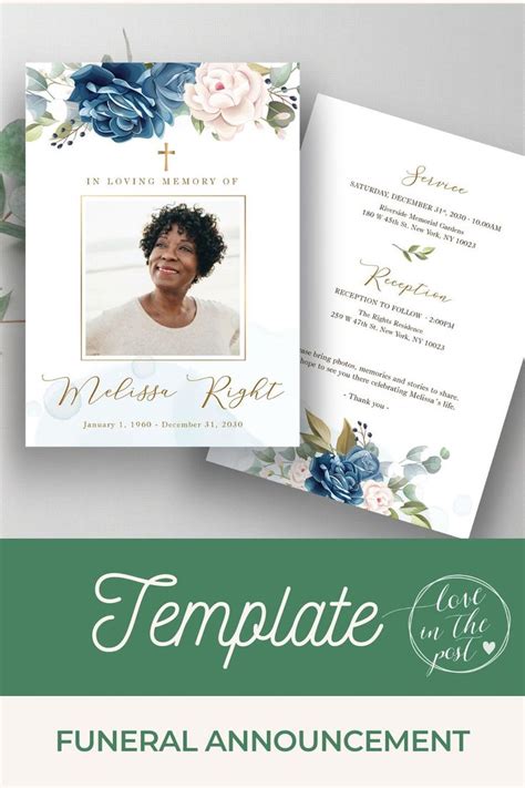 Blue Roses Funeral Announcement Template Memorial Service Etsy