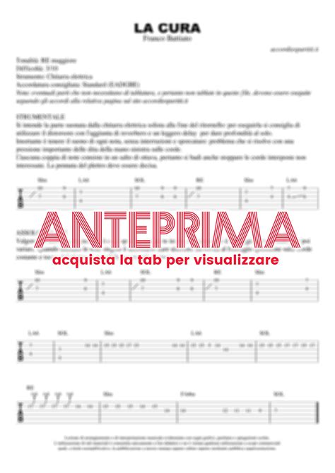 strofa 1 ti proteggerò dalle paure delle ipocondrie dai turbamenti che da oggi incontrerai per la tua via dalle ingiustizie e dagli inganni del tuo tempo dai fallimenti che per tua. LA CURA Tab Chitarra 100% Corretta