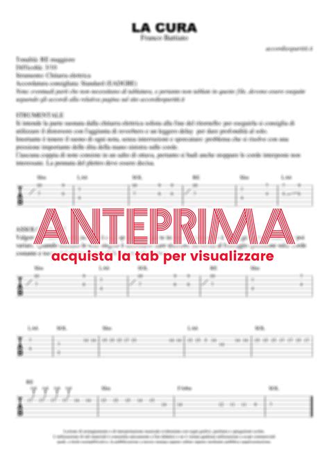 La cura è così il risultato più alto ed esplicito di un percorso di liberazione dell'uomo ma è, anche, il punto di unità tanto della filosofia di sgalambro quanto della prospettiva mistica di battiato; LA CURA Tab Chitarra 100% Corretta