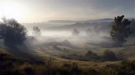 Foggy Landscape Early Morning Mist Early Morning Scenery In Field Ai