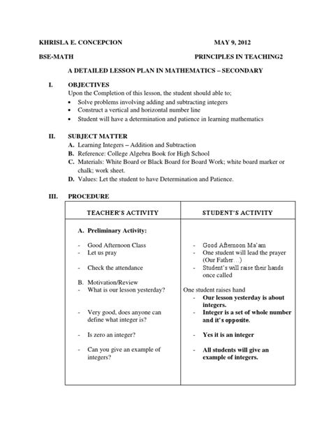 A Detailed Lesson Plan In Mathematics