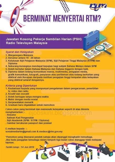 Jawatan kosong kerajaan terkini di majlis sukan wilayah persekutuan (wipers) januari 2016. Jawatan Kosong Radio Televisyen Malaysia (RTM) - Tarikh ...