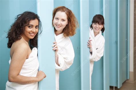 Women In Shower Stalls In Locker Room Stock Image F0188561