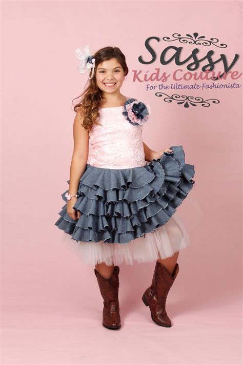 Western Couture Ruffle Denim Dress With Ivory By Sassykidscouture