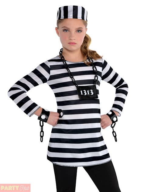 Childs Girls Prisoner Costume Teen Convict Robber Fancy Dress Halloween