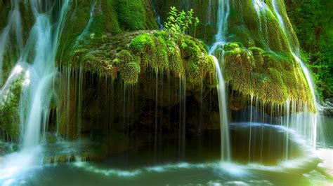 Beautiful Waterfalls From Green Algae Plants Covered Rocks Pouring On