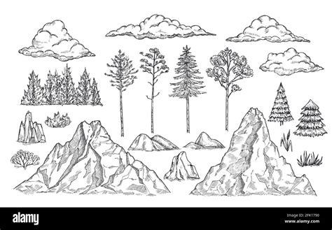 Nature Landscape Elements Mount Rocks Trees And Bush Sketch Isolated