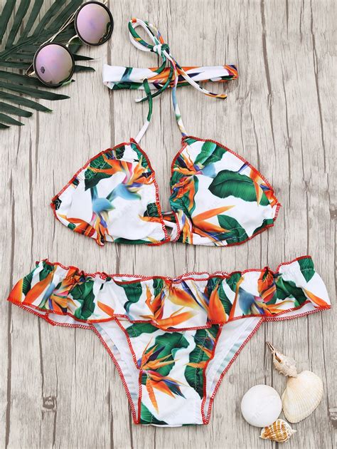 Off Frilled Padded Printed Choker Bikini Set In Multicolor