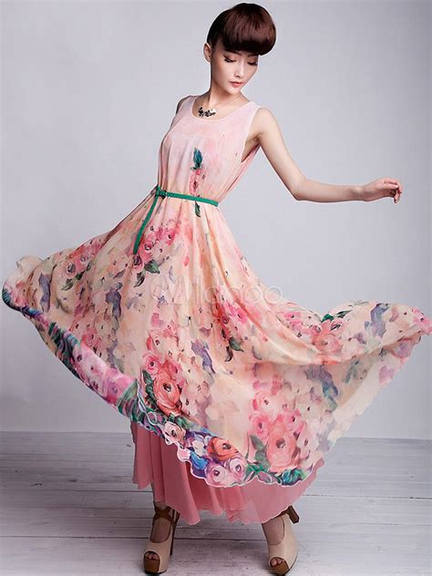 Beautiful Pink Floral Print Sash Chiffon Maxi Dress
