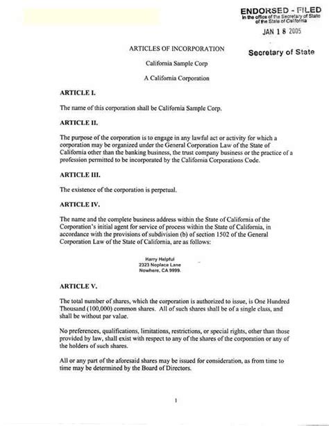 Articles Of Incorporation California Template