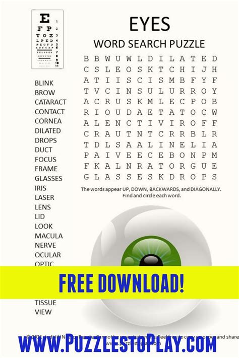 Eyes Word Search Puzzle Word Search Puzzle Printable Puzzles Word Find