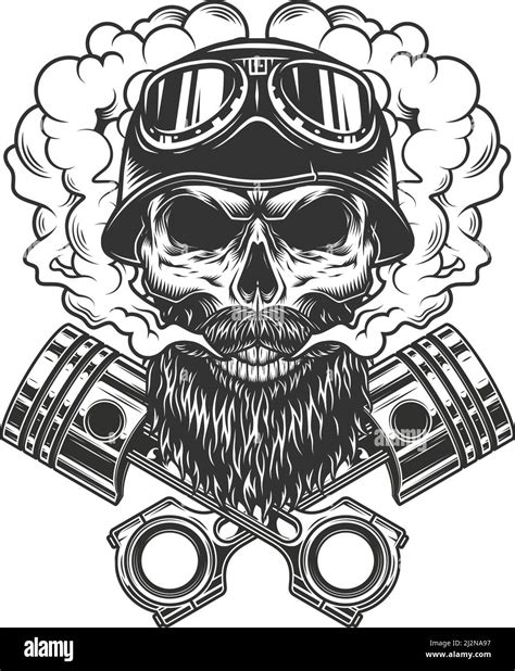Bearded And Mustached Biker Skull In Smoke Cloud With Crossed Engine