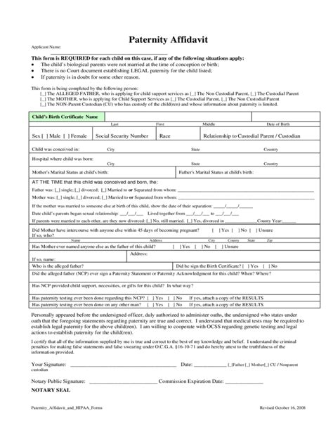Paternity Affidavit Form Free Templates In Pdf Word Excel Download