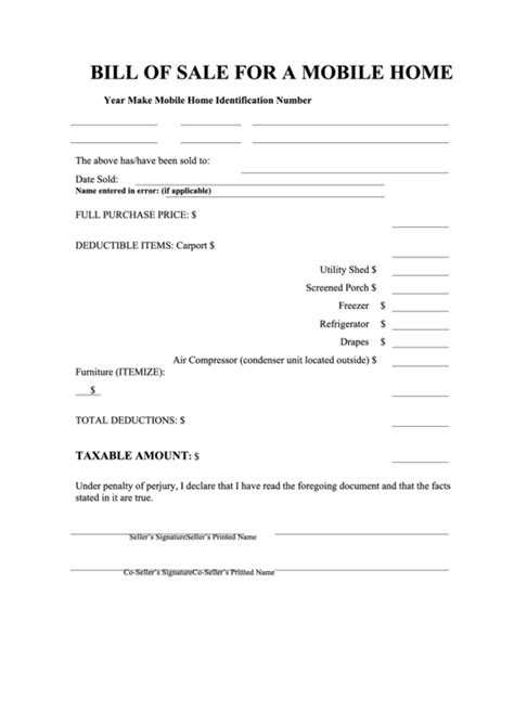 Fillable Bill Of Sale Template For A Mobile Home Printable Pdf Download