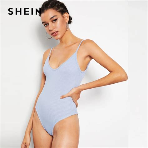 Shein Sexy Blue Ribbed Knit Solid Cami Sleeveless Skinny Bodysuit Spaghetti Strap Women 2019