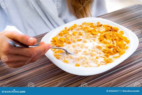 Cereal In A White Plate With Milk Stock Image Image Of Cornflakes