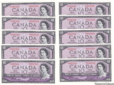 10 X 1954 Canada 10 Consecutive Banknotes Bt8597581 90 Gem Unc64 Epq