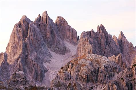 Sunrise Alpine Landscape In Cadini Di Misurina Dolomites Stock Photo