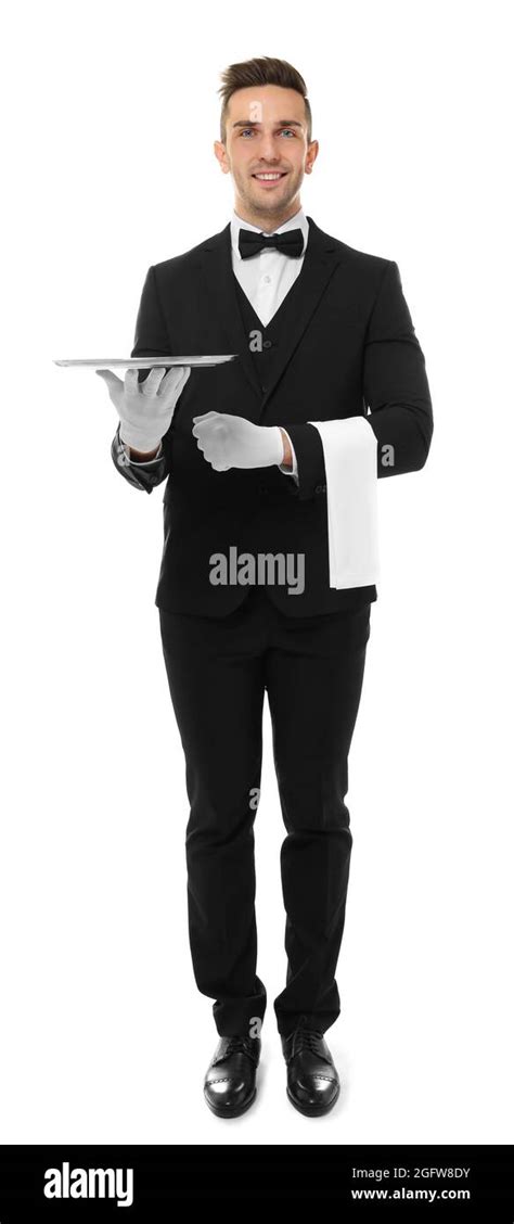 Handsome Young Waiter With Metal Tray On White Background Stock Photo