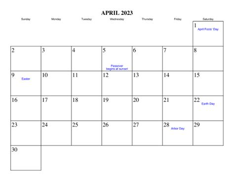 April 2023 Calendar Holidays With Dates