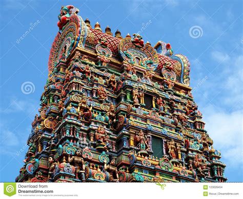 Colorful Hindu Temple Soars Into Blue Sky Stock Photo Image Of