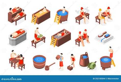 Bathhouse And Spa Relaxing Isometric Recolor Set Stock Vector Illustration Of Enjoying Barrel