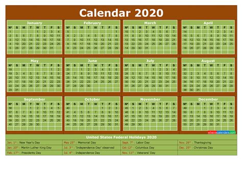 2020 Monthly Calendar With Holidays Template
