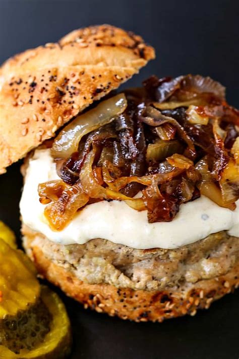 Next Level Turkey Burgers With Caramelized Onions And Aioli Mantitlement
