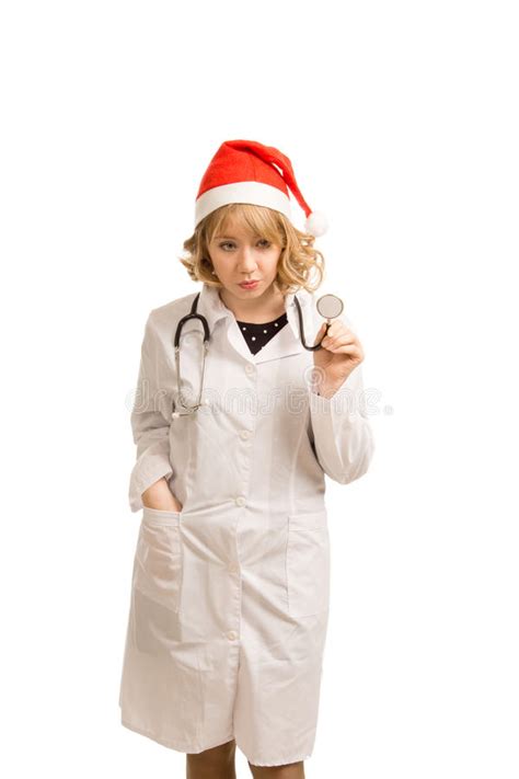 Blonde Nurse In A Santa Claus Hat Stock Image Image Of Diagnose