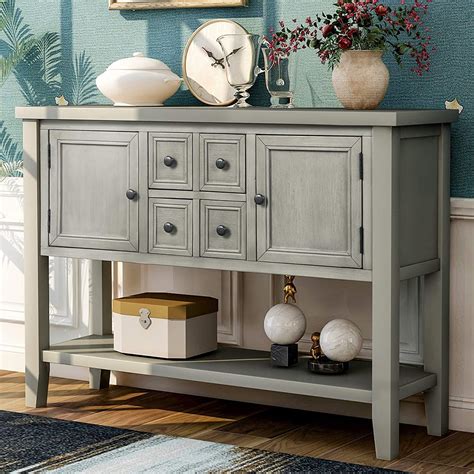 Console Table Buffet Sideboard Sofa Table With Storage Drawers Cabinets And Bottom Shelf Gray