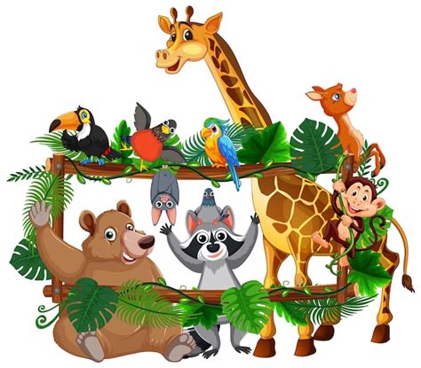 Premium Vector Zoo Animals On Wooden Frame With Tropical Plants