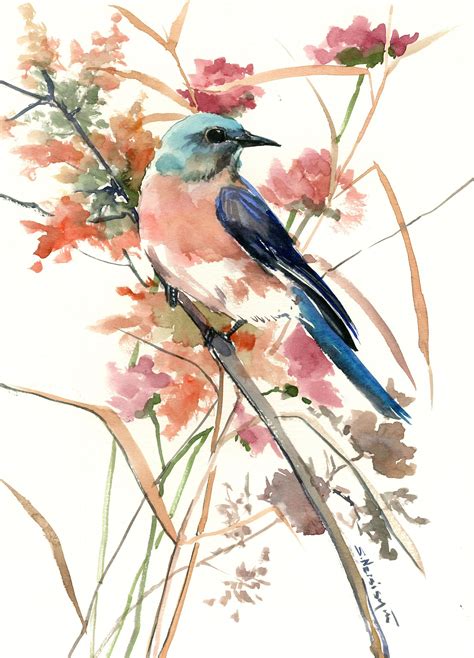 Bluebird In The Field Original One Of A Kind Watercolor Painting