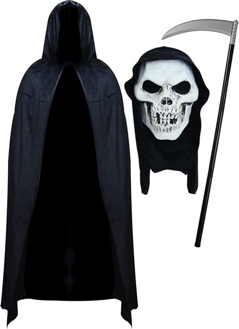 Adult Unisex Grim Reaper Skull Hooded Mask Scythe And Black Hooded Cape