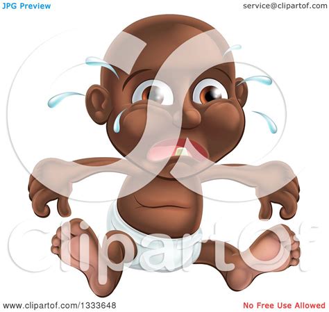 Clipart Of A Crying Black Baby Boy Sitting In A Diaper Royalty Free