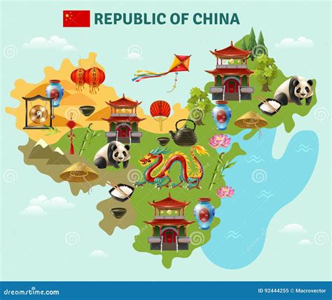 China Travel Sightseeing Map Poster Cartoon Vector