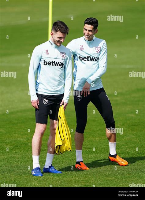 West Ham Uniteds Declan Rice Left And Nayef Aguerd During A Training Session At Rush Green