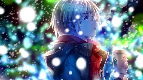 Download 3840x2160 Anime Boy Profile View Red Scarf Winter Snow Coffee Wallpapers For Uhd