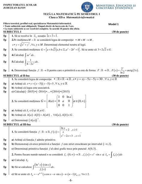 Modele Teză Matematică Clasa A 12 A M1 Mate Info