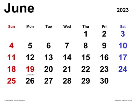 June 2023 Calendar Excel