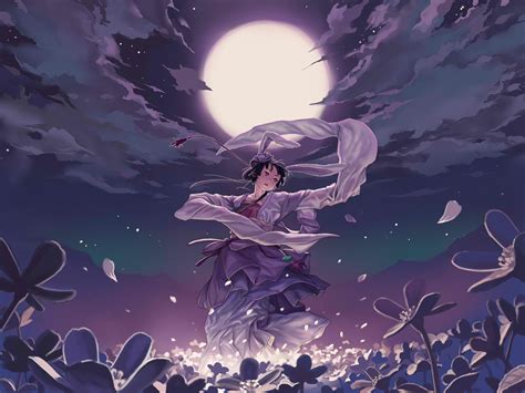 Wallpaper Illustration Anime Girls Moon Japanese Women Night Sky