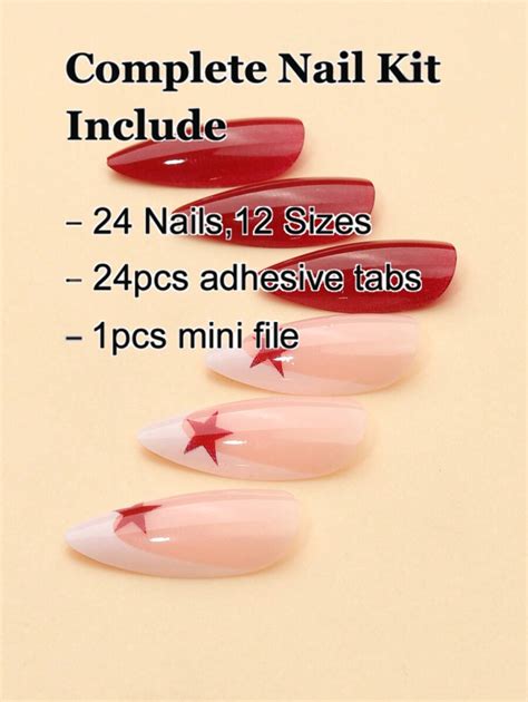 24pcs Adhesive Almond Shaped Press On Nails Set With Red Star Decor